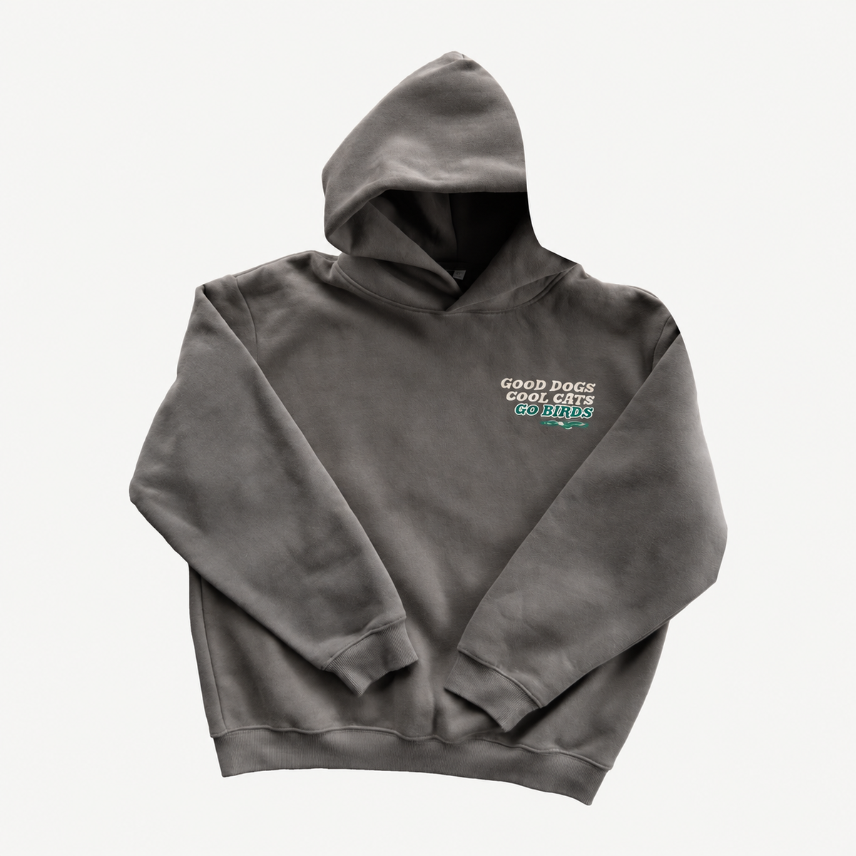 Front of washed-charcoal Go Birds Hoodie with chest graphic