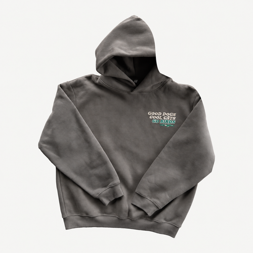 Front of washed-charcoal Go Birds Hoodie with chest graphic