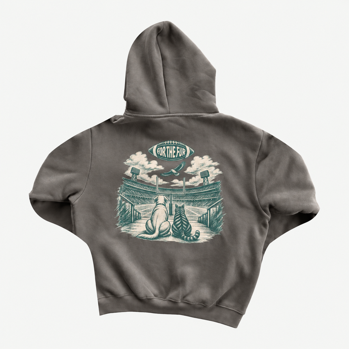 Back of washed-charcoal Go Birds Hoodie with FORTHEFUR stadium illustration