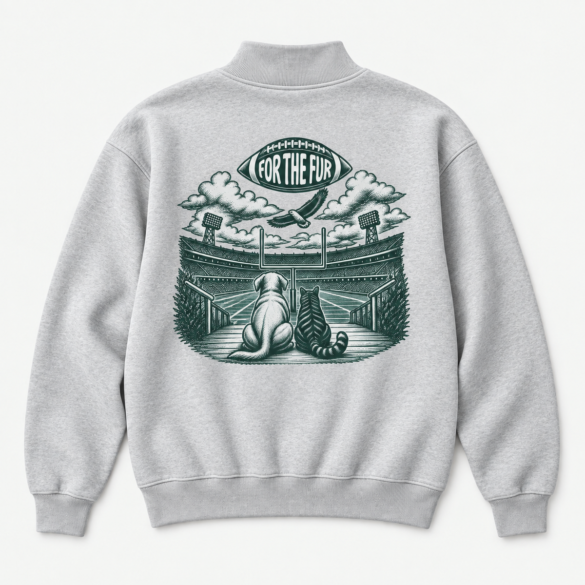 Back of heather-gray Go Birds Mockneck sweatshirt with FORTHEFUR stadium illustration