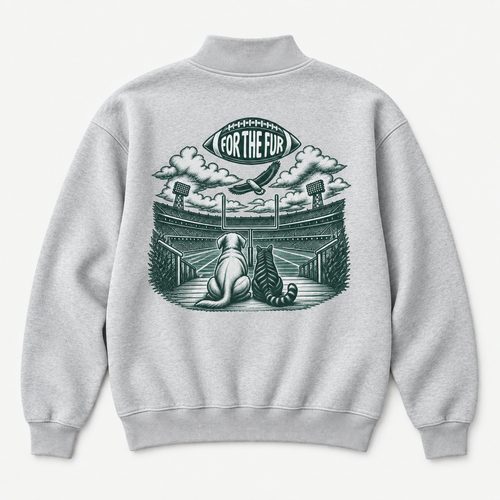 Back of heather-gray Go Birds Mockneck sweatshirt with FORTHEFUR stadium illustration