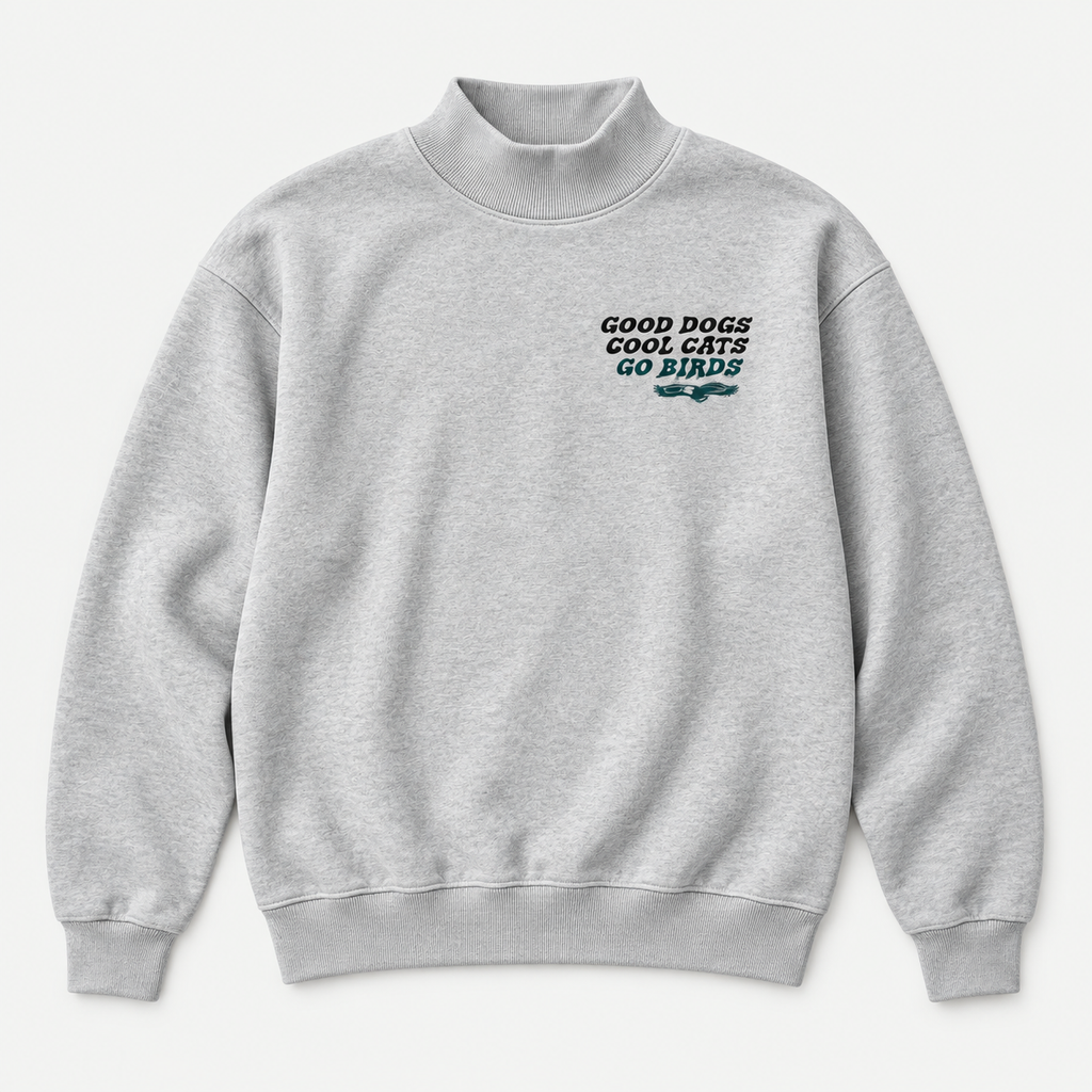 Front of heather-gray Go Birds Mockneck sweatshirt with chest graphic