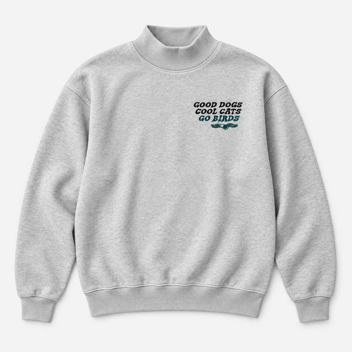 Front of heather-gray Go Birds Mockneck sweatshirt with chest graphic